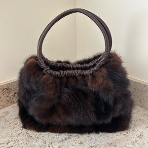 PAOLA DEL LUNGO Italy Beautiful Mink Handbag, Brown, Medium Size
